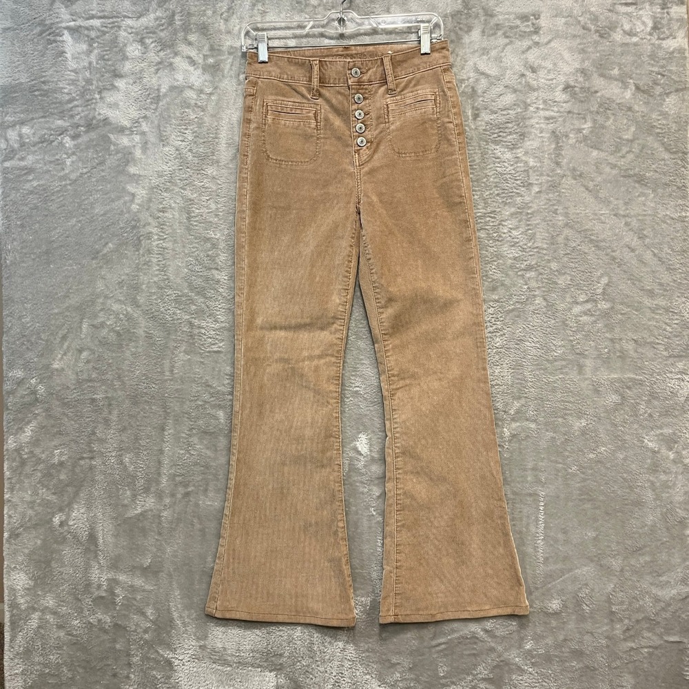 American Eagle Corduroy Pants Size 0 Tan Super Hi-Rise Flare Button Fly Stretch